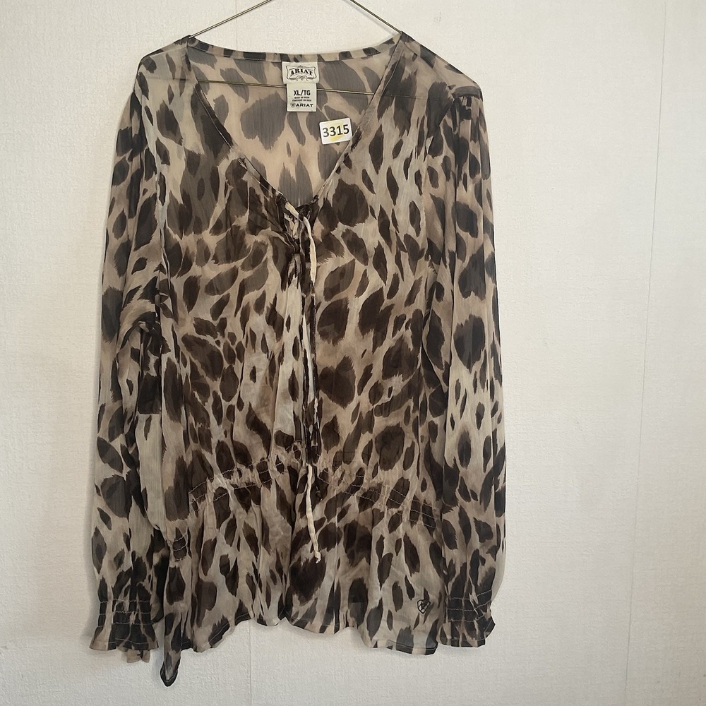 Ariat Women Semi Sheer Animal Print Long Sleeve Blouse Scoop Neck Cinch Waist XL